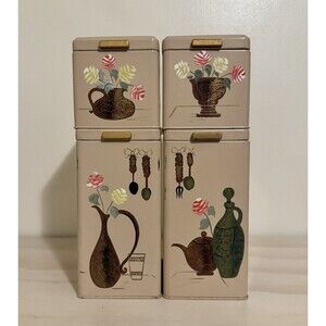 Vintage Ransburg 4 Piece Beige Handpainted Floral Vase Button Hinge Canister Set